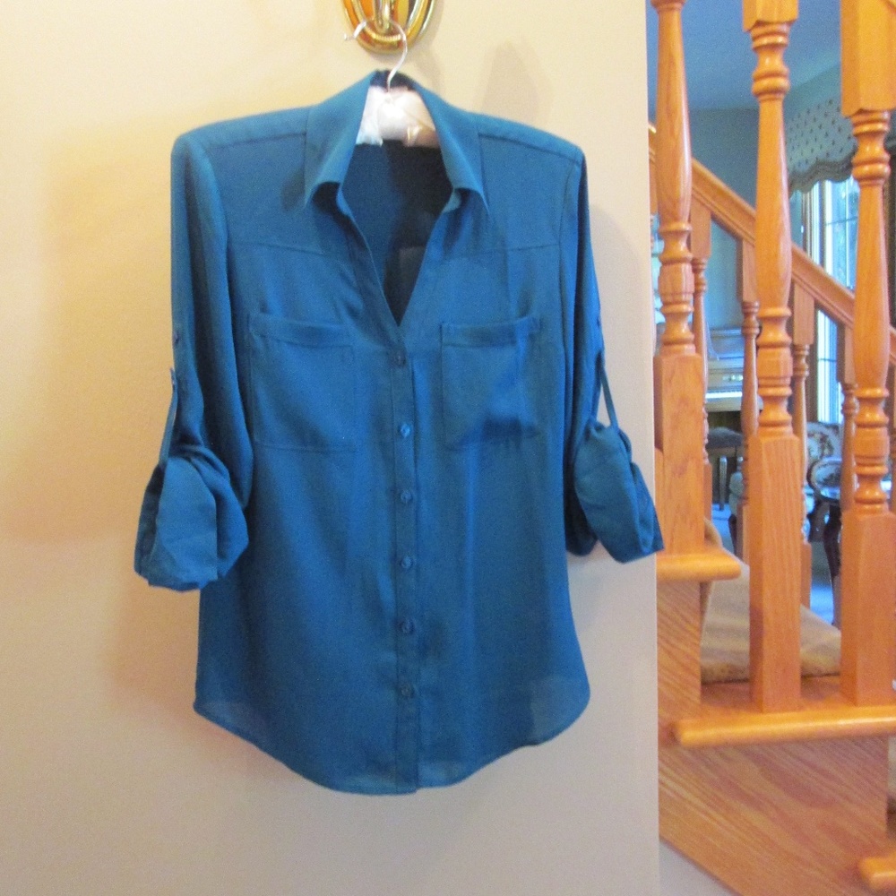 Express Teal Blue Portofino Shirt Button-down Blouse